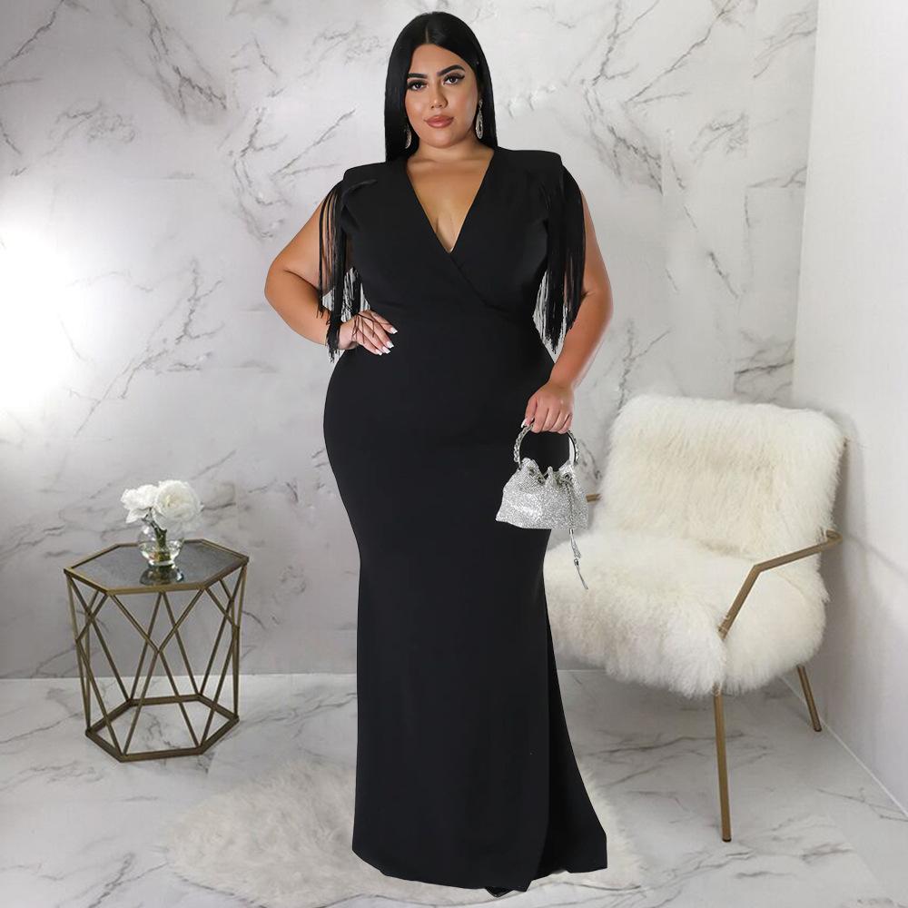 Plus Size Fringe V Neck Maxi Dress Long Sleeve Mermaid Gown Curvy Bodycon Fishtail Long Dress Sexy Tassel Shoulder Evening Party Formal Wedding Gown