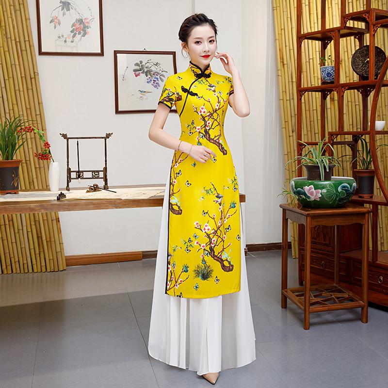 Vietnam Aodai cheongsam dress long women's large size Chinese style daily improvement short-sleeved performance clothing catwalk dress