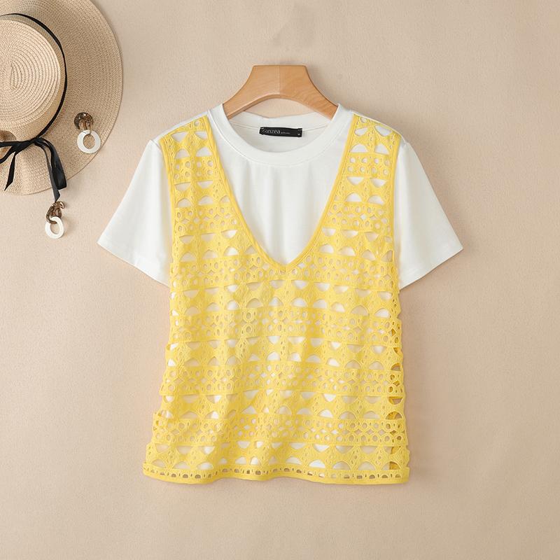 ZANZEA Women Casual Round Neck Mesh Patchwork Loose Short Sleeve T-Shirts