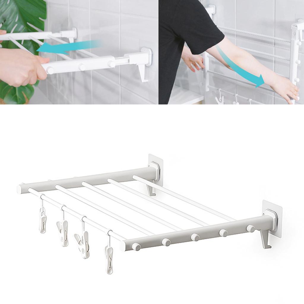 Wall Mounted Clothes Drying Rack Folding Telescopic Punch Free Plastic Laundry Rack for Indoor
