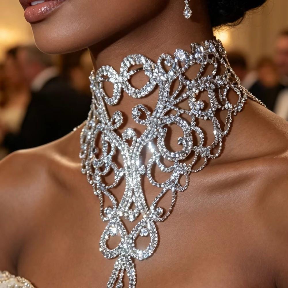 Gold Silver Rhinestone Necklace Luxurious Choker Necklace Fashionable Wedding Necklace  for Women