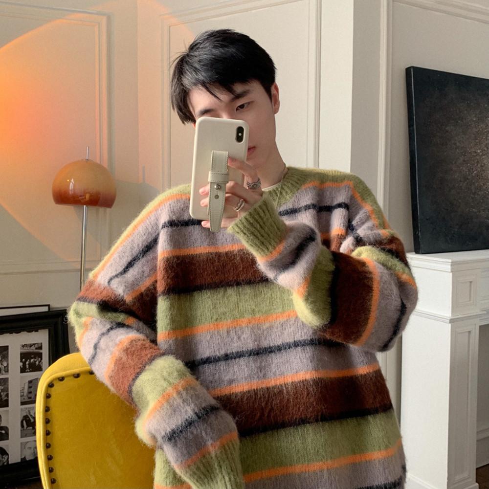 

Свитер мужской осенне-зимний толстый свободный полосатый контрастный мохеровый свитер ленивый стиль круглый вырез свитер куртка XL