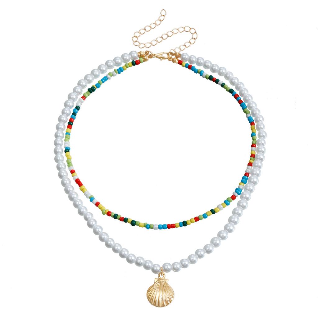 Bohemian Colored Rice Beads Imitation Pearl Double Shell Pendant Necklace Beaded Clavicle Chain