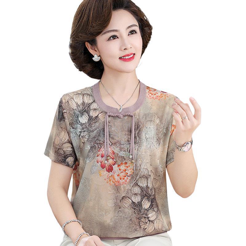 2026 New Chinese Style Ice Silk Summer Top for Moms: Mid-Aged & Elderly Loose Short-Sleeved T-Shirt