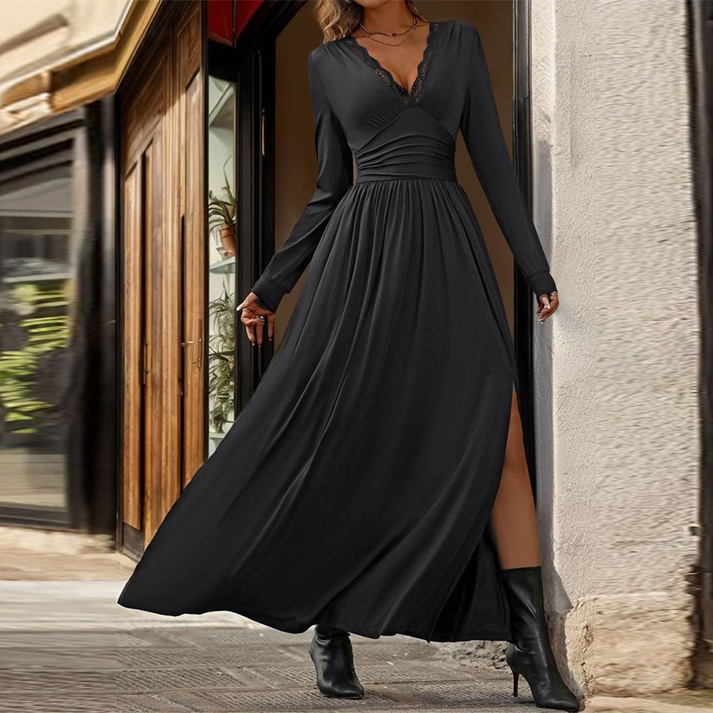 Women's Autumn Solid Split High Waist Slim Fit Long Dress