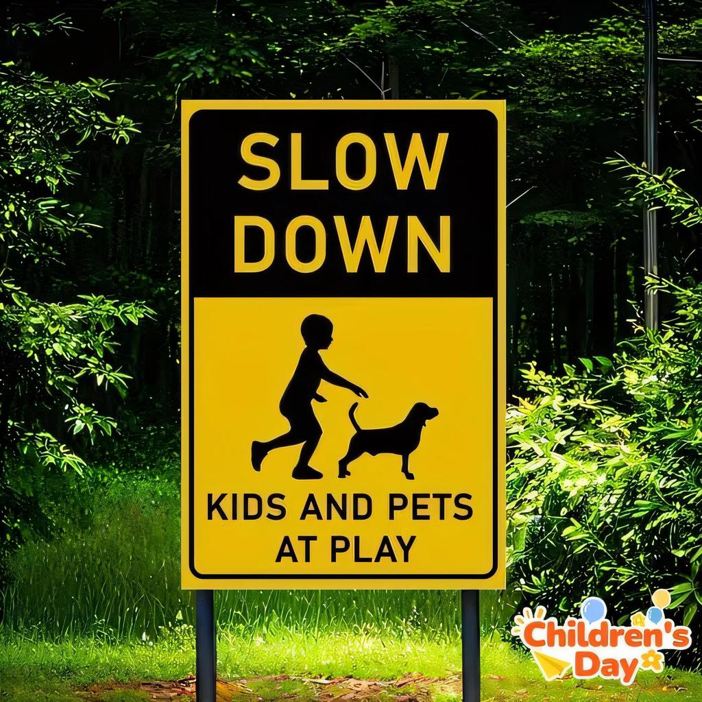 Tin Sign Slow Down Kids And Pets At Play Vintage Yellow Street Warning Metal Wall Decor for Garden Yard Fence Garage Shed Retr