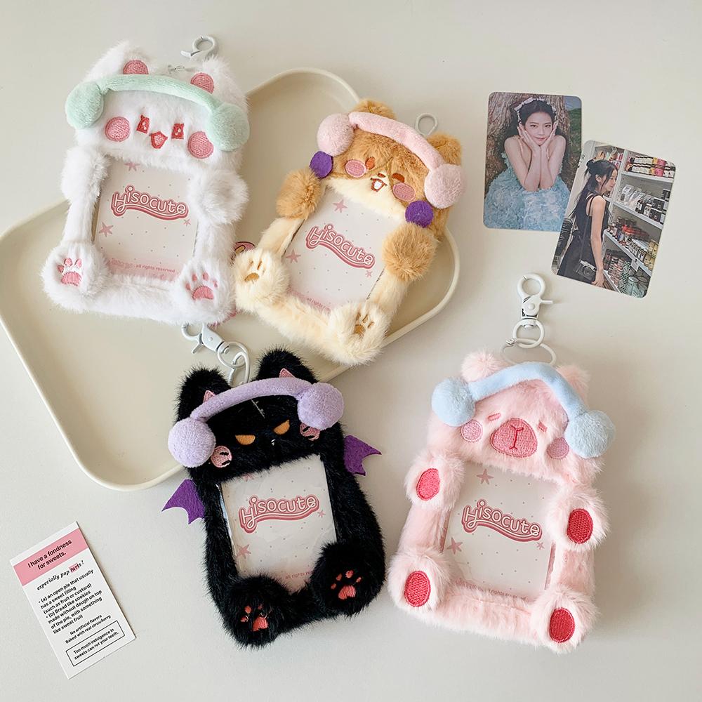 2pcs/set Ins Style Kawaii Plush Po Card Holder Cute Cartoon Animals Card Holder with Headphones Winter Kawaii Jewelry
