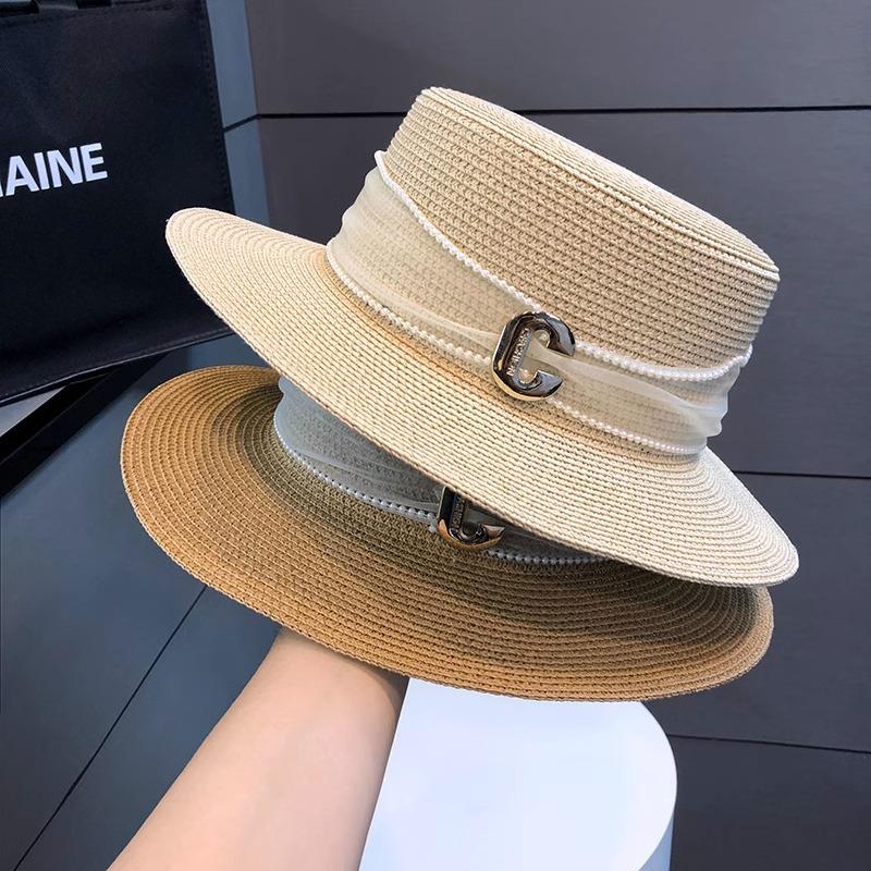 Flat top straw hat women's summer outing seaside sunshade sunscreen sun hat new straw temperament top hat