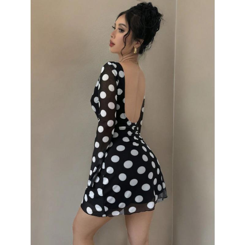 Women's Spring/summer Sexy Polka Dot Backless Mesh Mini Dress with Flared Sleeves