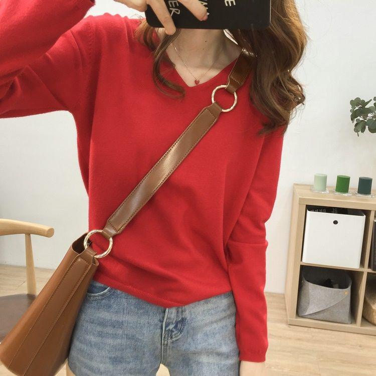 Women's V-Neck Knit Sweater: Large Size, Loose Fit, Slimming, Solid Color, Perfect for Early Autumn and Winter
