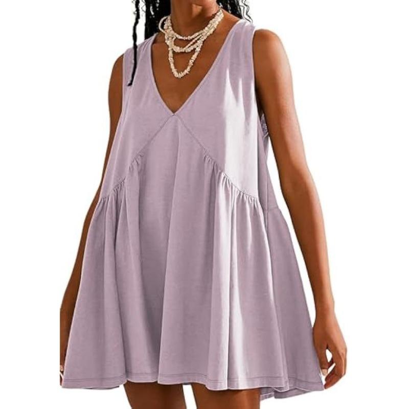 Women's V-neck Sleeveless Pleated Vest Pocket Casual Dresses