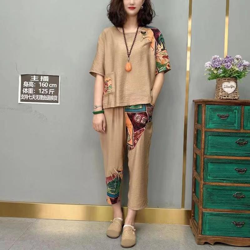 Fashionable Summer Short Sleeve T-Shirt And Harlan Nine-Piece Pants Women's Casual Large Size Two-Piece Set Lyocell Cotton Linen