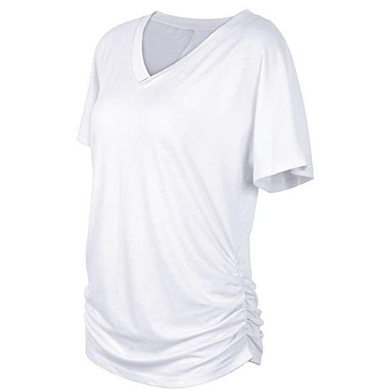 GMXIA Women's Solid Color Bat-sleeve Side Pleated V-neck Short-sleeved T-shirt