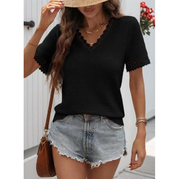 2026 Spring/Summer Women's V-neck Casual Waffle Lace Trim Short Sleeve Top