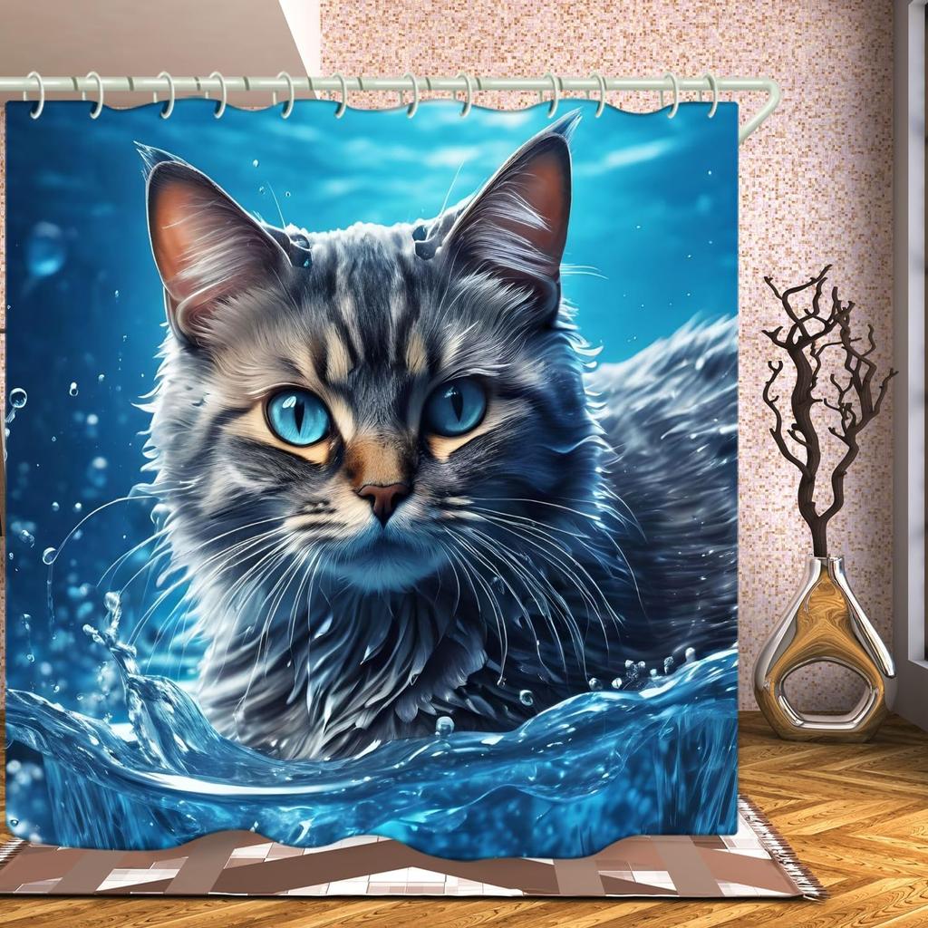 Sea Cat 3D Shower Curtain, Luxury Bathtub Standard Size 72x72 Inches, Waterproof, Bright Fabric, 12 White Hooks
