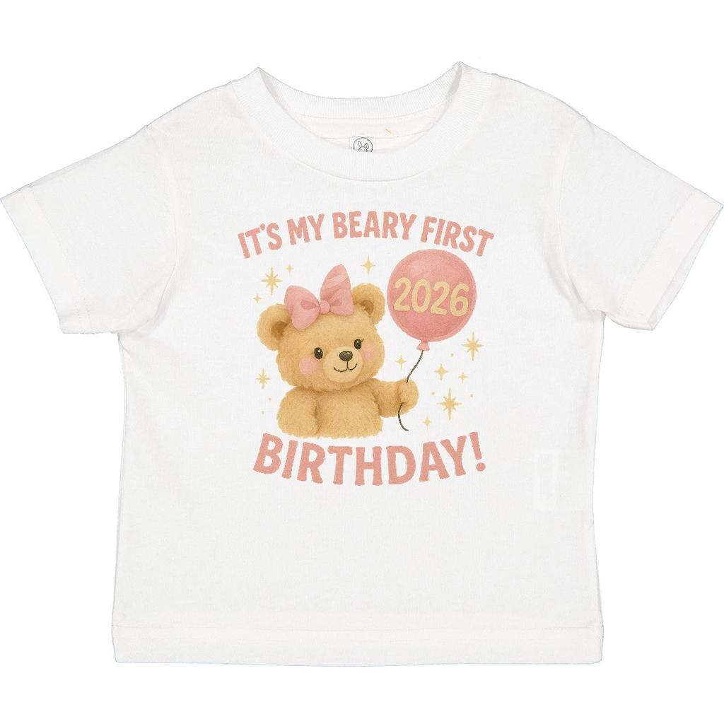 Inktastic Beary First Birthday 2026 Teddy Bear Baby T-Shirt Infant Tees Shower