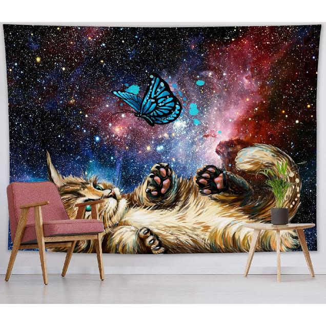 LB Cat Butterfly Tapestry, Cool Funny Cat with Butterfly Wall Tapestry for girls, Fantasy Galaxy Wall Art for Bedroom Living Room Dorm Home Decor, 60