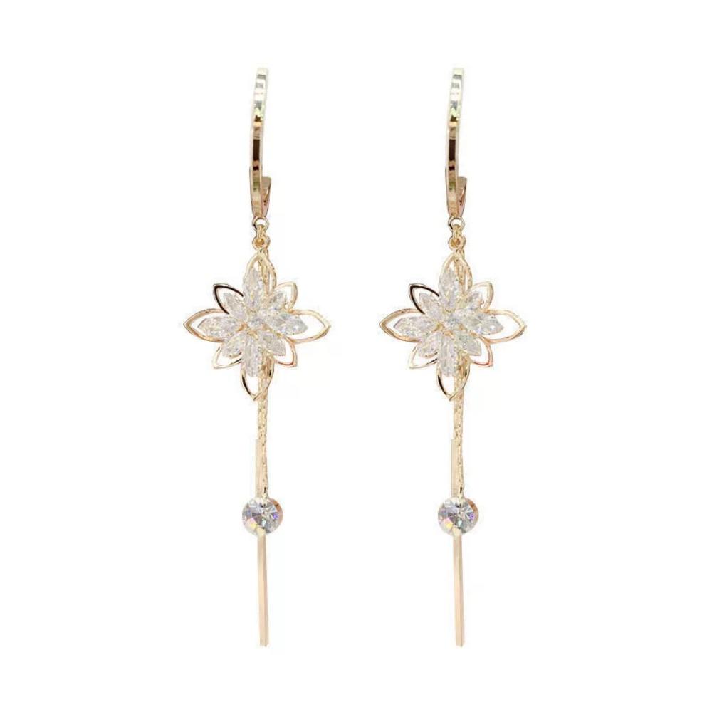 Hot Geometry Hollow Zircon Flower Chain Tassel Earrings Women's Trendy Fashion Versatile temperament Long Jewelry Gift