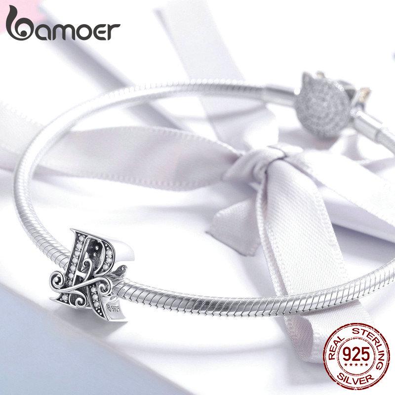 BAMOER Genuine 925 Sterling Silver Letter R Alphabet Beads Charms Fit Charm Bracelets & Bangles DIY
