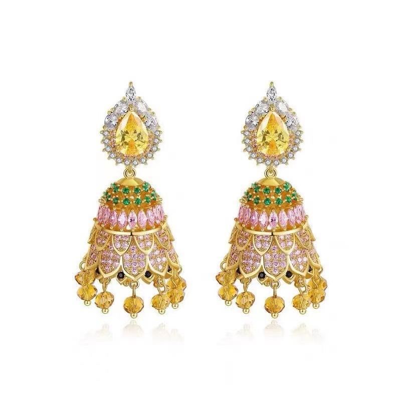 Indian Ethnic Characteristics, Personalized Style, Bells, Wind Chimes, Earrings, Colored Zircon, Fringed Earrings.
