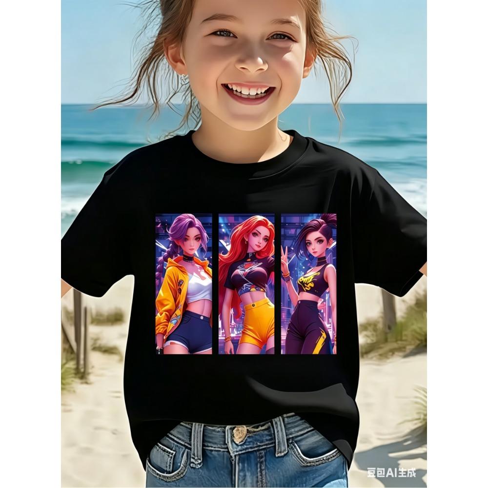 Summer Kids Girls Kpop Three Girls Cartoon Print Creative Fashion Versatile Crew Neck Adult T-Shirt Tops