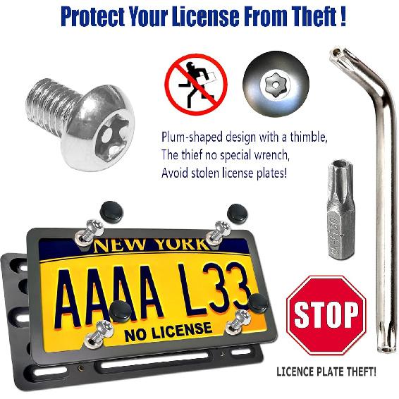 Aootf Front License Plate Bracket- Universal Bumper Mounting Kit, Car Tag Holder Adapter & Black Aluminum Plate Cover, Anti-Theft Lock Screw Bolt