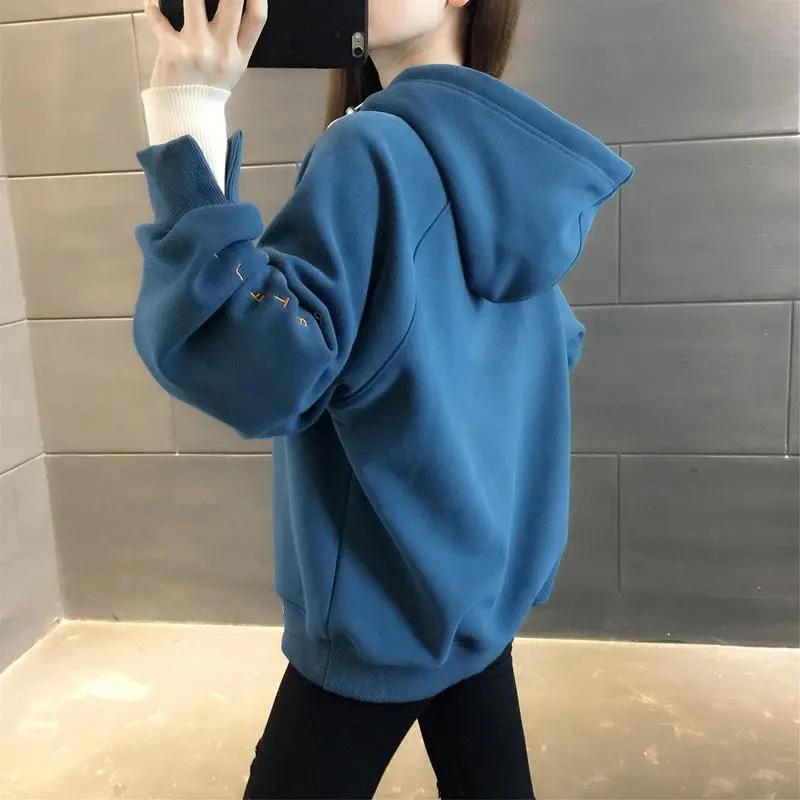 Cotton Sweatshirt Women Autumn Hooded Comfortable Thickened Fake Two Piece Top Solid Color Casual Versatile Sweatshirt