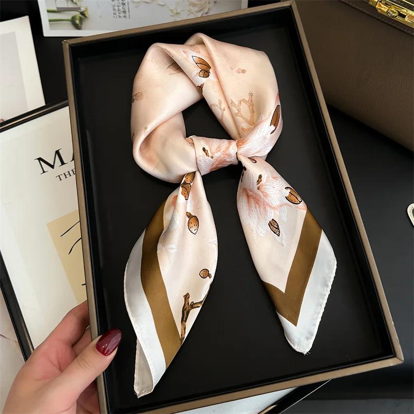 Imitation Silk Square Scarf Women Floral Print Soft Satin Kerchief Hairband Neckerchief Hijab Lady Headband Foulard Bag Ribbon