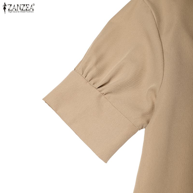 ZANZEA Vestito camicia a maniche corte con colletto rovesciato casual da donna, tinta unita