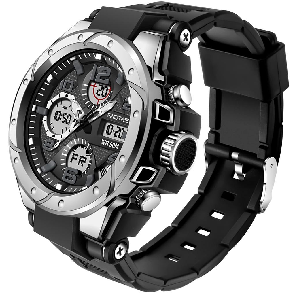 Findtime Digital Watch for Men, Digital-Analog, Wristwatch, Waterproof, Military Watch, Stopwatch, Sports, Dual Time, Stylish, Alarm, LED, Alarm