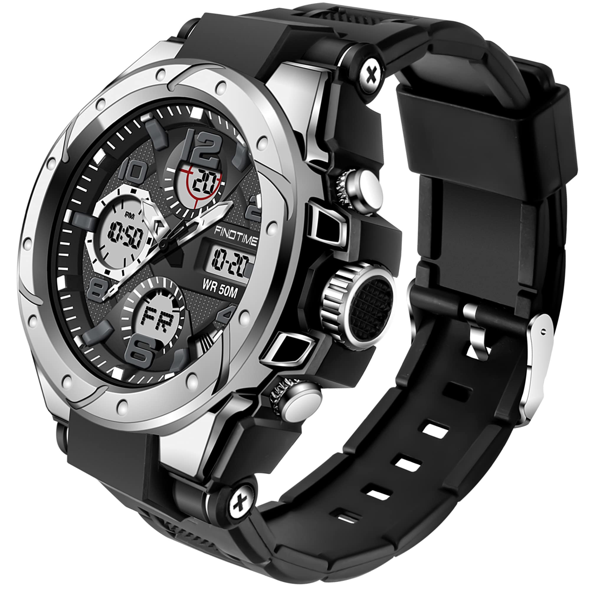 

findtime Цифровые часы для мужчин, Цифро-аналоговые, Наручные часы, Водонепроницаемые, Военные часы, Секундомер, Спорт, Двойное время, Стильные, Будильник, Светодиодная подсветка, Будильник