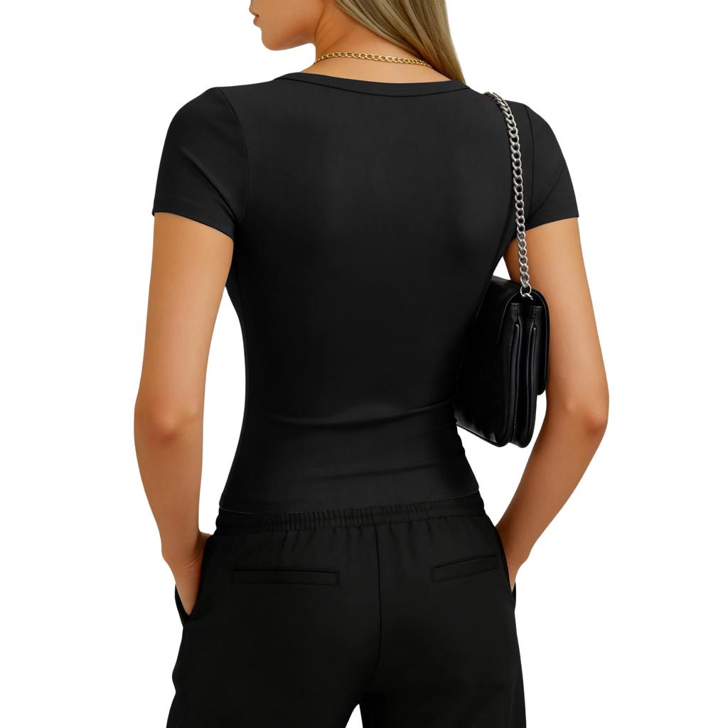 Damen Slim-Fit V-Ausschnitt Kurzarm T-Shirt Top