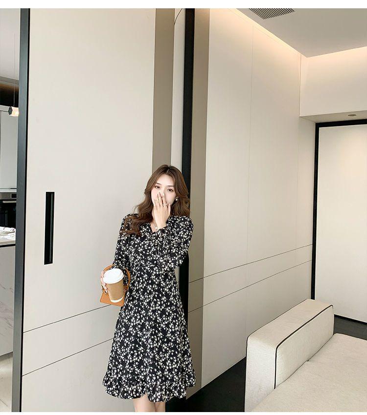 Elegant Chiffon V-Neck Long Sleeve Dress, Slimming Waist, Mid-Length Skirt, Women's Spring/Autumn 2026 New Arrival