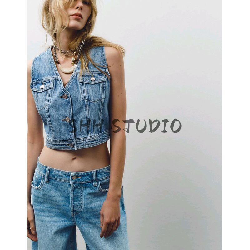 Women's Spring Clothing Balloon Style High Waist Jeans 3777025 V Neck Sleeveless Denim Vest 3777024