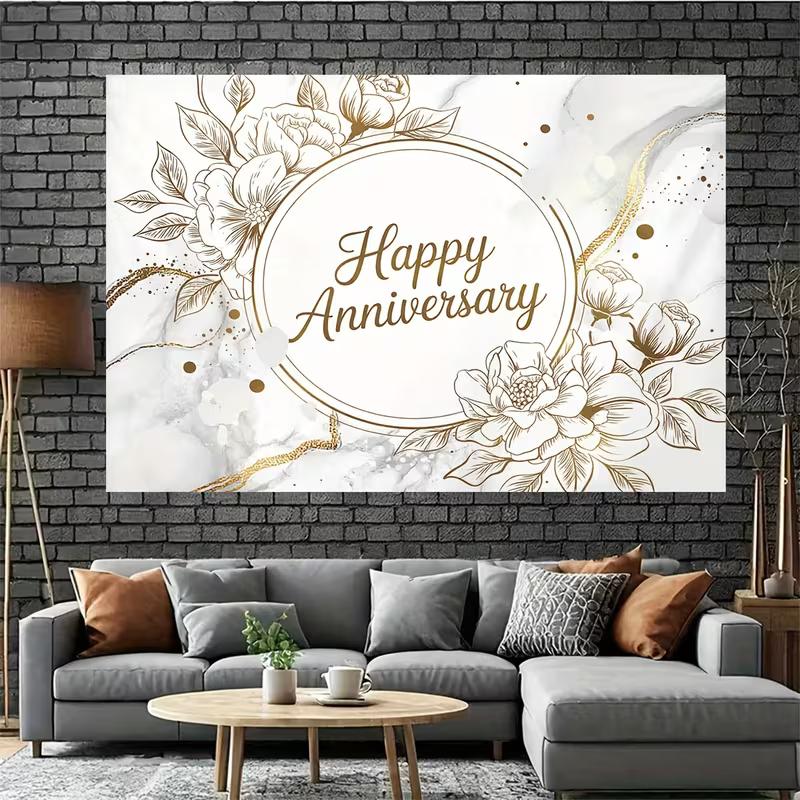 2D Happy Anniversary Backdrop White Marble Gold Floral Photography Background