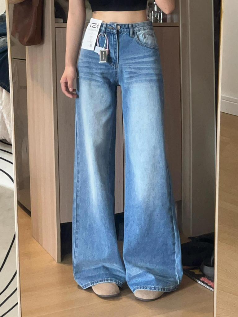Jeans a gamba larga a vita alta stile americano blu medio 2025 - Estivi da donna, snellenti, modellanti per fianchi e nascondi imperfezioni.