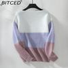 BITCED Colour-Block Off-the-Shoulder Button-Front Pullover Women's Sweater Autumn/Winter Casual Oversized Knitwear