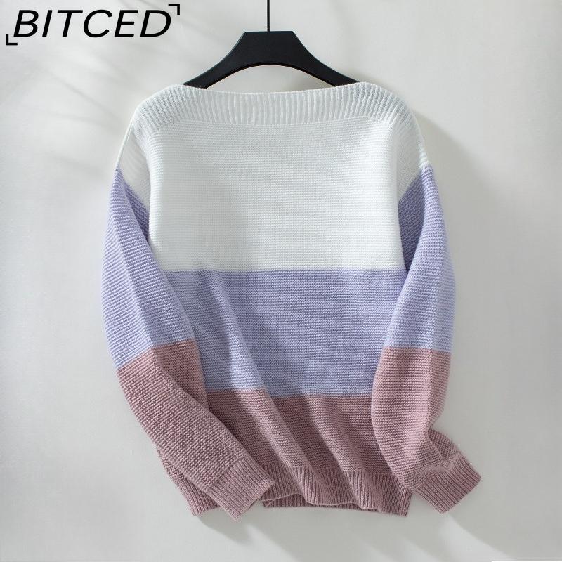 BITCED Colour-Block Off-the-Shoulder Button-Front Pullover Women's Sweater Autumn/Winter Casual Oversized Knitwear