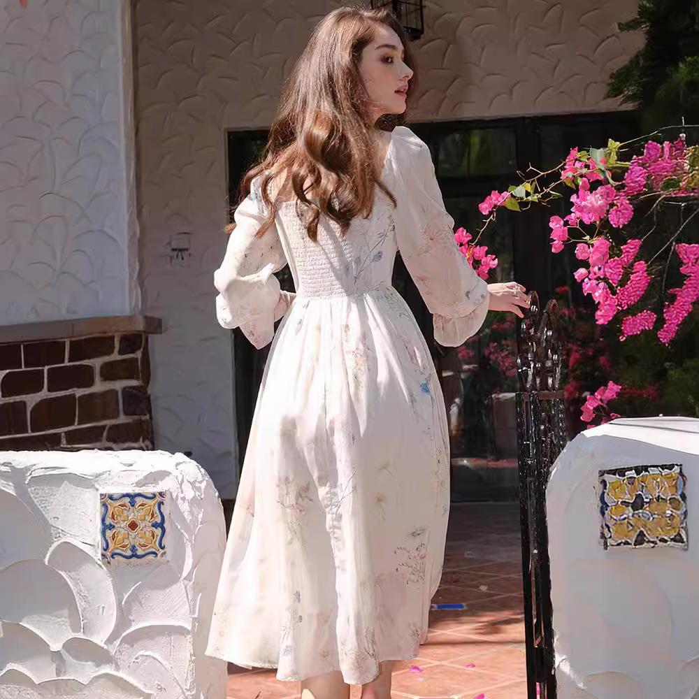French coffee break dress 2026 spring and summer new lantern sleeve temperament fairy long dress waist floral dress women's clothing