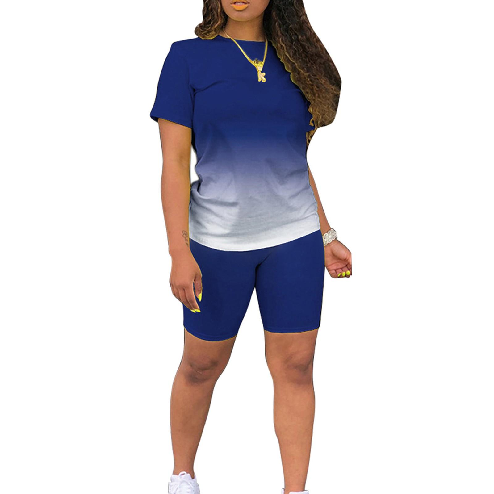

Летние комплекты из 2 предметов для женщин, футболки с короткими рукавами, брюки, шорты, спортивный костюм с градиентом цвета, спортивная одежда XXL темно-синий