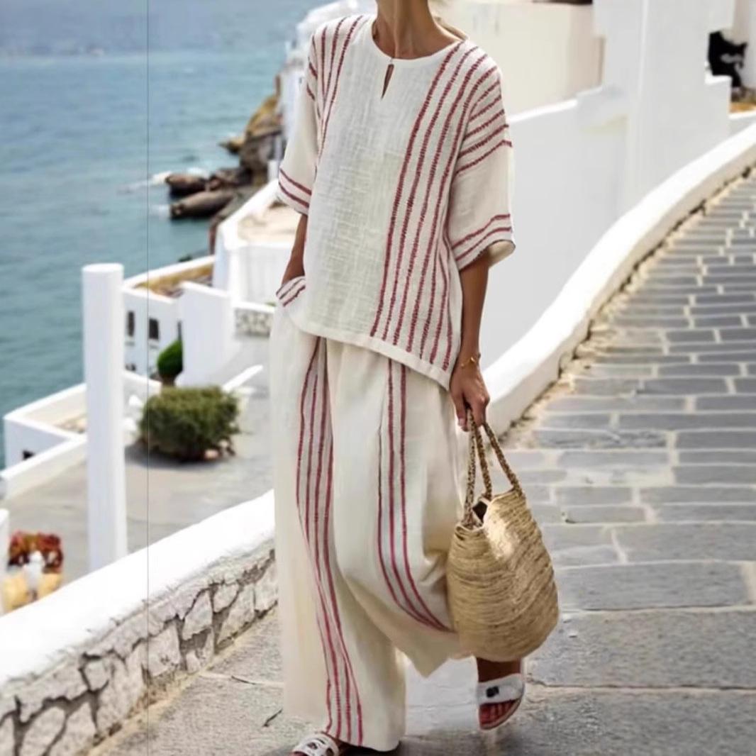 

Женский комплект из топа с короткими рукавами и брюк широкого кроя в черную полоску из смесового льна для летнего отпуска XXXL