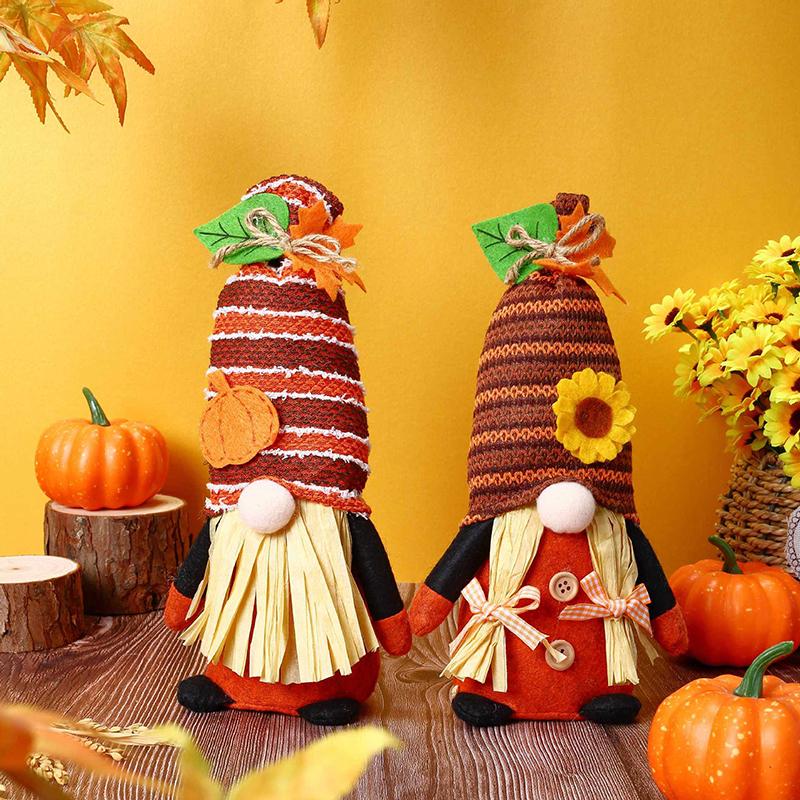 10.6/11.8inch Fall Gnomes Plush Decoration Orange Thanksgiving Gnome Elf Dwarf Figurine With Faux Straw Beard Banner And Pumpkin