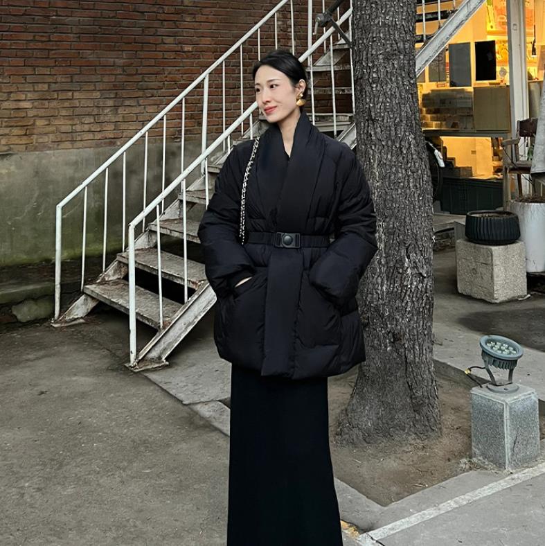 Herbst Winter Damen Weiße Entendaunenjacke Lässig Locker Gürtel V-Ausschnitt Kragen Oberbekleidung Koreanischer Stil Mantel