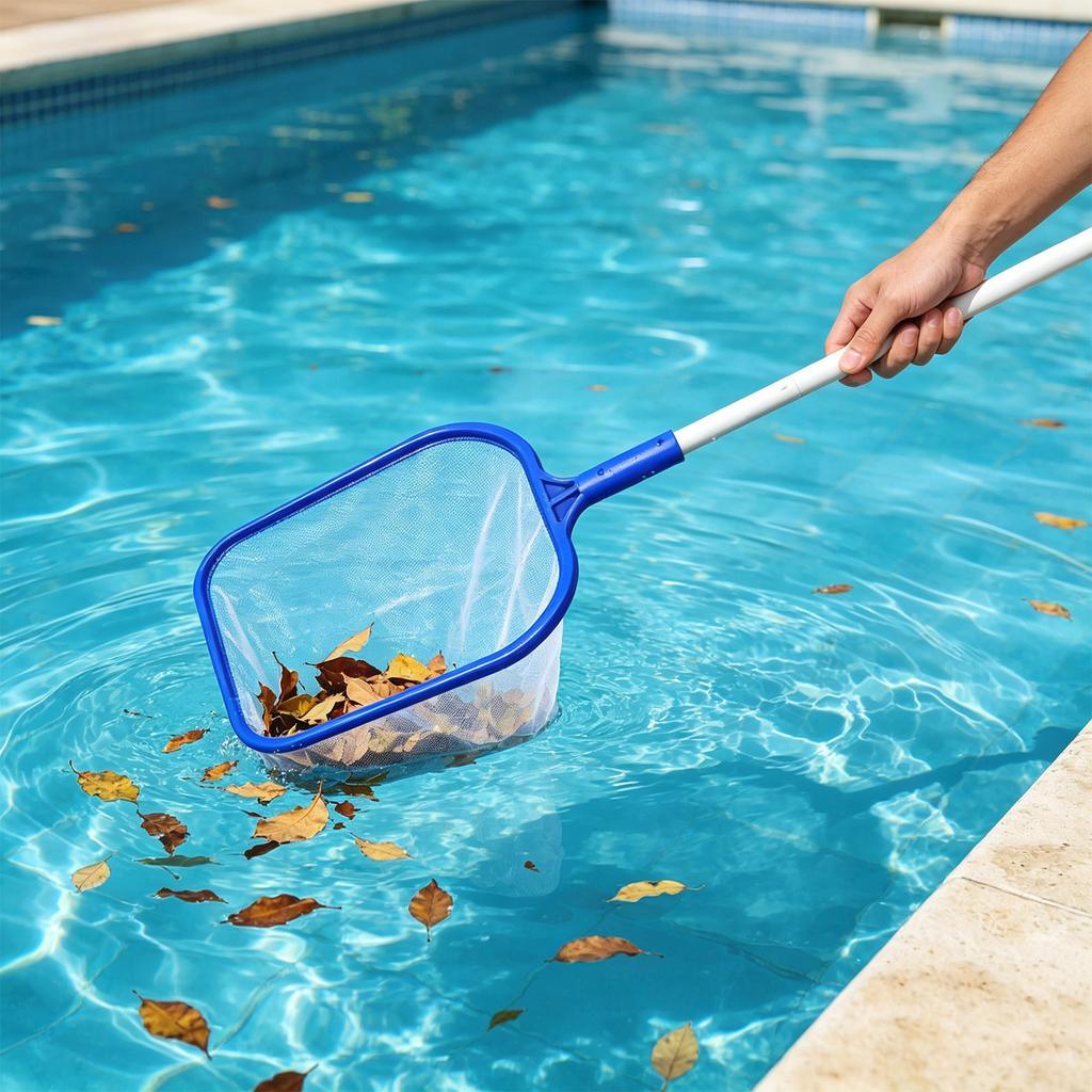 Pool Leaf Skimmer Net with 5 Section Telescopic Aluminum Pole Threaded Connection for Surface Debris Removal Lightweight Design for Easy Use