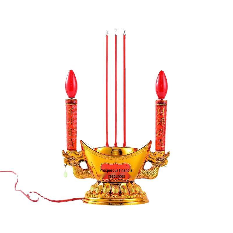 Buddha Offering Electric Candelabra: Complete Set with Incense Burner and Everlasting Lamp for Home Use