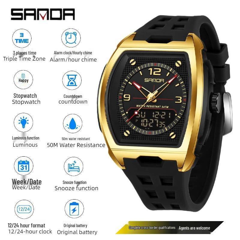 Sanda Dual Display Multifunctional Waterproof Luminous Men's Wristwatch