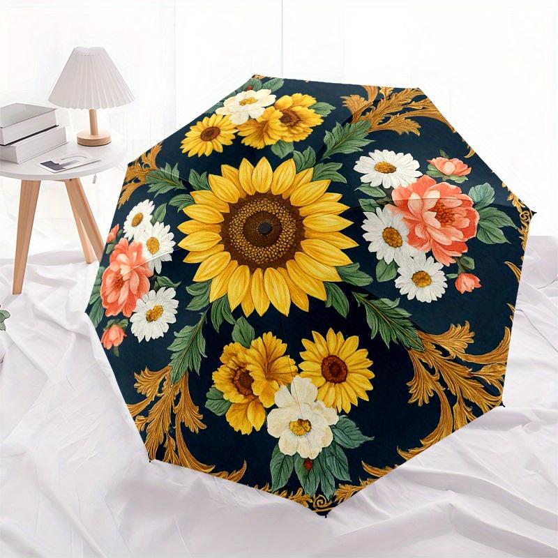 Floral Elegance: Sunflower & Rose Decorative PlateUmbrella, Portable 3-Fold Compact Umbrella,Christmas Gift ES367