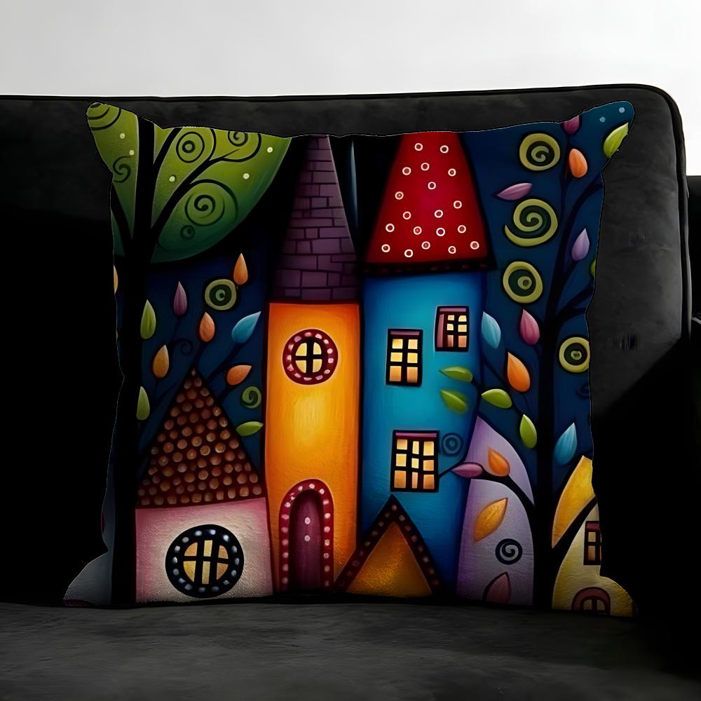 Painted Forest House Cushion Cover Pillowcase Ultra Soft Skin Friendly Fabric Cloud Like Comfort & Concealed Zipper