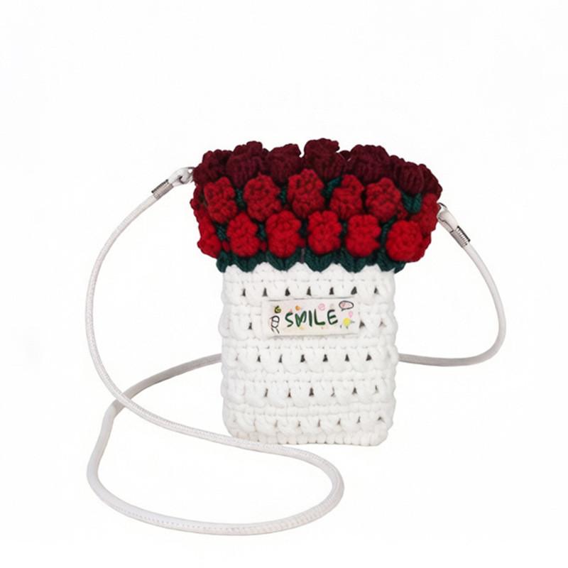 Knit Rose Pattern Mini Shoulder Bag With Phone Pocket For Daily Use
