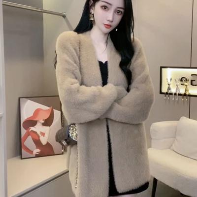 Autumn/winter Women's Mink Fleece Jacket Thickened Warm Mink Fleece Knitted Cardigan Sweater Coat Solid Color Plush Knitted Top